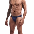 Detail view of navy blue cotton jockstrap with elastic waistband and U-pouch support - M / Dark Blue