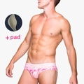 Men's pink triangle swim briefs with flamingo print featuring removable interior pad - M / Pink