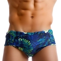 Costume da bagno da uomo a vita bassa con stampa tropicale di foglie di palma su blu - 3XL / Stampa Foglie Verdi