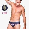 Men's navy blue swim briefs with pink flamingo print and removable protective pad - M / Violet Blue