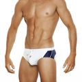Men's stylish white and navy blue patchwork swim briefs with adjustable drawstring - White And Dark Blue