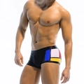 Mondrian-Patchwork-Badehose für Herren mit bunten geometrischen Farbblöcken im Retro-Stil - M / Schwarz