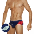 Slip da nuoto blu navy da uomo con pannelli a contrasto rossi e coulisse in vita - M / Blu Scuro e Rosso (Con Coppa)