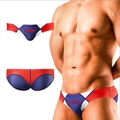 Maillot de bain homme taille basse avec un design en patchwork rouge, blanc et bleu - M / Bleu foncé