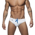 Herren Weiße Low-Rise Bikini-Badehose mit blauem Kordelzug und Regenbogen-Detail - M / Weiß