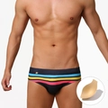 Sexy Herren-Badehose in Dunkelblau mit bunten Streifen und herausnehmbarem Polster - M / Schwarz Gestreift