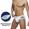 Men's white swim briefs with side geometric pattern and removable sponge padding insert - M / White With Cup