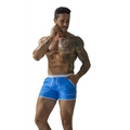 Men's bright blue athletic swim trunks with white trim and drawstring for beach sports - M / Lake Blue