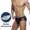 Men's black swim briefs with checkered print and removable sponge pad enhancement - M / Black With Cup