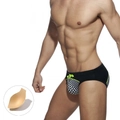 Sexy Herren-Bikini-Badehose mit Mosaikdruck, neongrünem Kordelzug und herausnehmbarem Pad - M / Schwarz Mit Cup