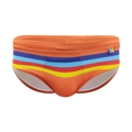 Lebhafte orangefarbene Herren-Badehose mit bunten Regenbogenstreifen für Strand und Surfen - M / Orange
