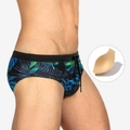 Men's swim briefs with tropical leaf print featuring drawstring waist and removable padding - M / With Removable Pad / Green-Blue Tropical Print
