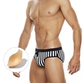 Bañador sexy para hombre con rayas verticales blancas y negras y copa interior - M / Cebra Blanco y Negro con Copa