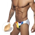 Slip de bain homme taille basse à rayures colorées avec coque de protection amovible - M / Blanc Avec Bonnet