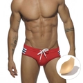 Maillot de bain rouge pour homme avec rayures latérales, cordon de serrage et coque amovible - M / Rouge (Avec Bonnets)