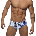 Herren sexy blaue gepunktete Badehose mit verstellbarem weißem Kordelzug auf weißem Grund - M / Blau