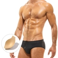 Men's sexy black mesh splicing swim briefs with drawstring waist and removable sponge pad - M / Black With Cup