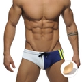 Maillot de bain sport pour hommes bicolore avec bandes jaunes et bonnets amovibles - M / Avec Coque / Bleu foncé