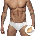 Men's white shiny swim briefs with drawstring and removable contour cup pad - Silver