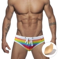 Sexy Herren-Badehose mit Regenbogenstreifen, Kordelzug und herausnehmbarer Einlage - M / Regenbogen Weiß