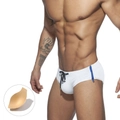 Sexy white men's swim briefs with side zipper, drawstring waist and removable cup pad - M / White With Cup
