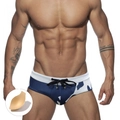Men's low rise swim briefs with blue white pattern and protective sponge cup pad - M / Deep Blue (With Protective Pad)