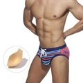 Men's low waist striped swim briefs in blue and red with drawstring and removable cup - M / Red White and Blue Striped Print