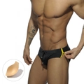 Men's low rise black swim briefs with yellow side zippers and removable push-up pad - M / Black With Cup