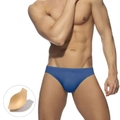 Close-up of blue low-rise swim briefs featuring a removable contour support sponge pad - M / Royal Blue