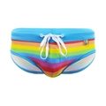 Men's rainbow striped swim briefs with light blue waistband and white drawstring - M / Rainbow Blue