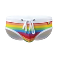 Men's rainbow striped swim briefs with white drawstring and elastic waistband - M / Rainbow White