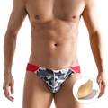 Men's low-waist camouflage swim briefs with red side splicing and inner cup padding - M / Camo Grey