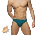 Detail view of men's quick-dry low waist swim briefs with removable contour sponge pad - Emerald Green