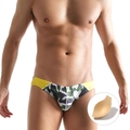 Men's low rise camo swim briefs with yellow side tape and removable push-up cup padding - M / Camo Green