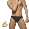 Detail of quick-dry black swim trunks with removable protective sponge cup padding - Black