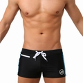 Détail du maillot de bain homme avec rayures bleues, cordon blanc et poche zippée pratique - M / Noir