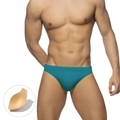 Detailed view of men's turquoise swim briefs with removable contouring pad detail - Peacock Green