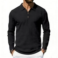 Classic black long-sleeved linen Polo shirt for men featuring a textured breathable fabric - S / Tops / Black