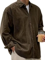 Detailed texture of brown corduroy shirt fabric with vertical ribs and classic collar - S / Tops / Brown