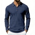Close-up detail of dark blue linen polo shirt featuring three wooden buttons and collar - S / Tops / Navy Blue