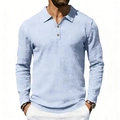 Men's light blue long sleeve linen polo shirt with lapel collar and casual loose fit - S / Tops / Light Blue