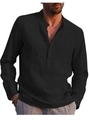 Men's casual black long sleeve linen shirt with band collar and chest pocket - M / Tops / Black