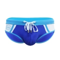 Men's sexy color-block swim briefs in blue and white with adjustable drawstring waist - M / Blue