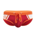 Men's sexy color-block swim briefs in red, orange, and white with UXH logo and drawstring - M / Red