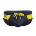 Men's navy blue bikini swimwear with side yellow and white stripes and drawstring - M / Black