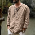 Khaki herenoverhemd met lange mouwen in vintage stijl met vetersluiting van ademend linnen - Khaki