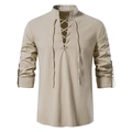 Men's retro V-neck lace-up linen shirt in beige with long sleeves and roll-up tabs - Apricot