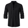 Men's vintage black long sleeve cotton linen shirt with lace-up V-neck and stand collar - Black