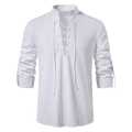 Men's white cotton linen long sleeve casual shirt with retro lace-up stand collar - White