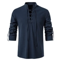 Men's navy blue casual long sleeve shirt with retro V-neck lace-up henley style collar - Navy Blue